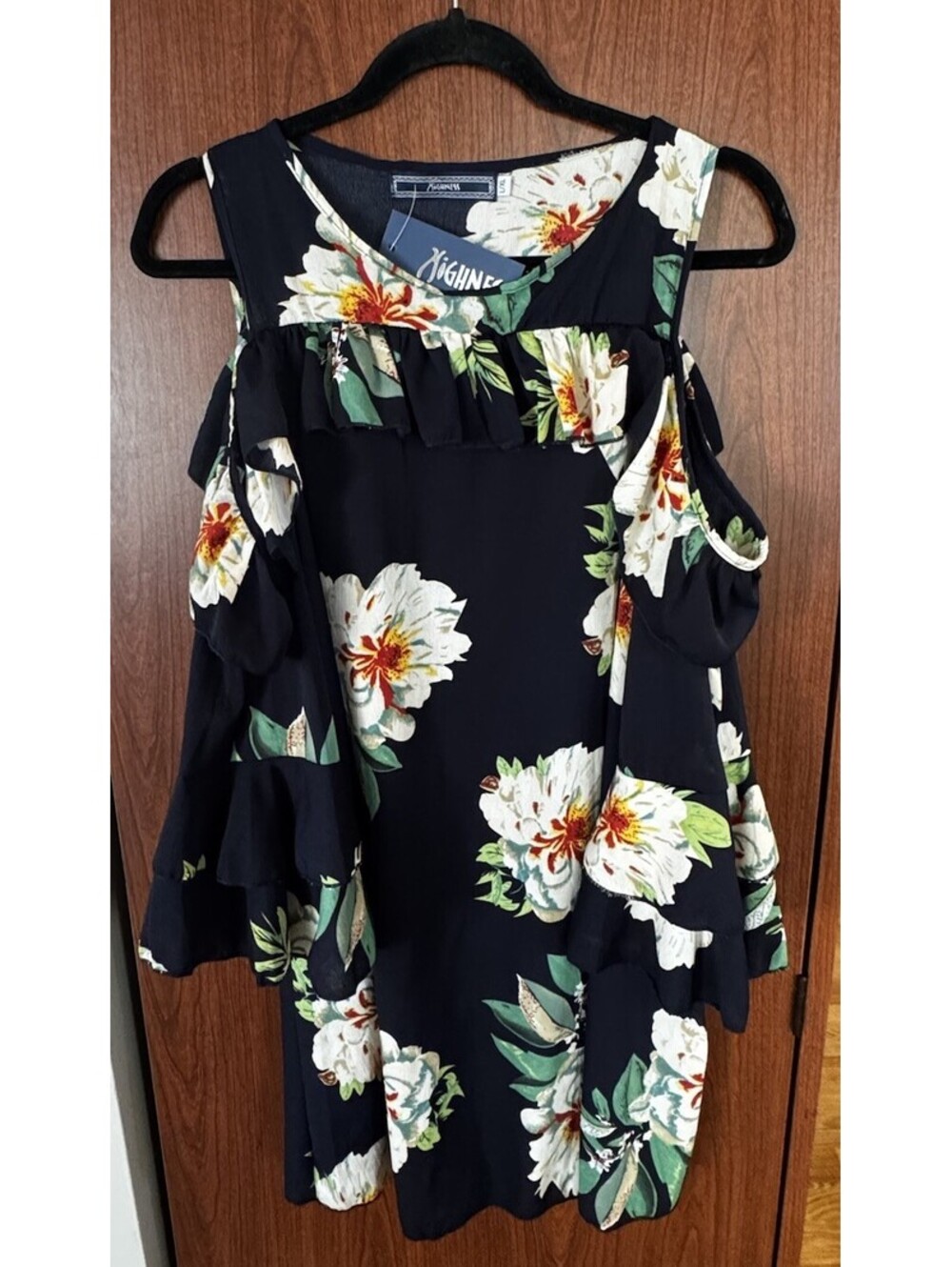 Highness Women’s L/XL Floral Cold Shoulder Ruffle Bell Sleeve Dress NWT